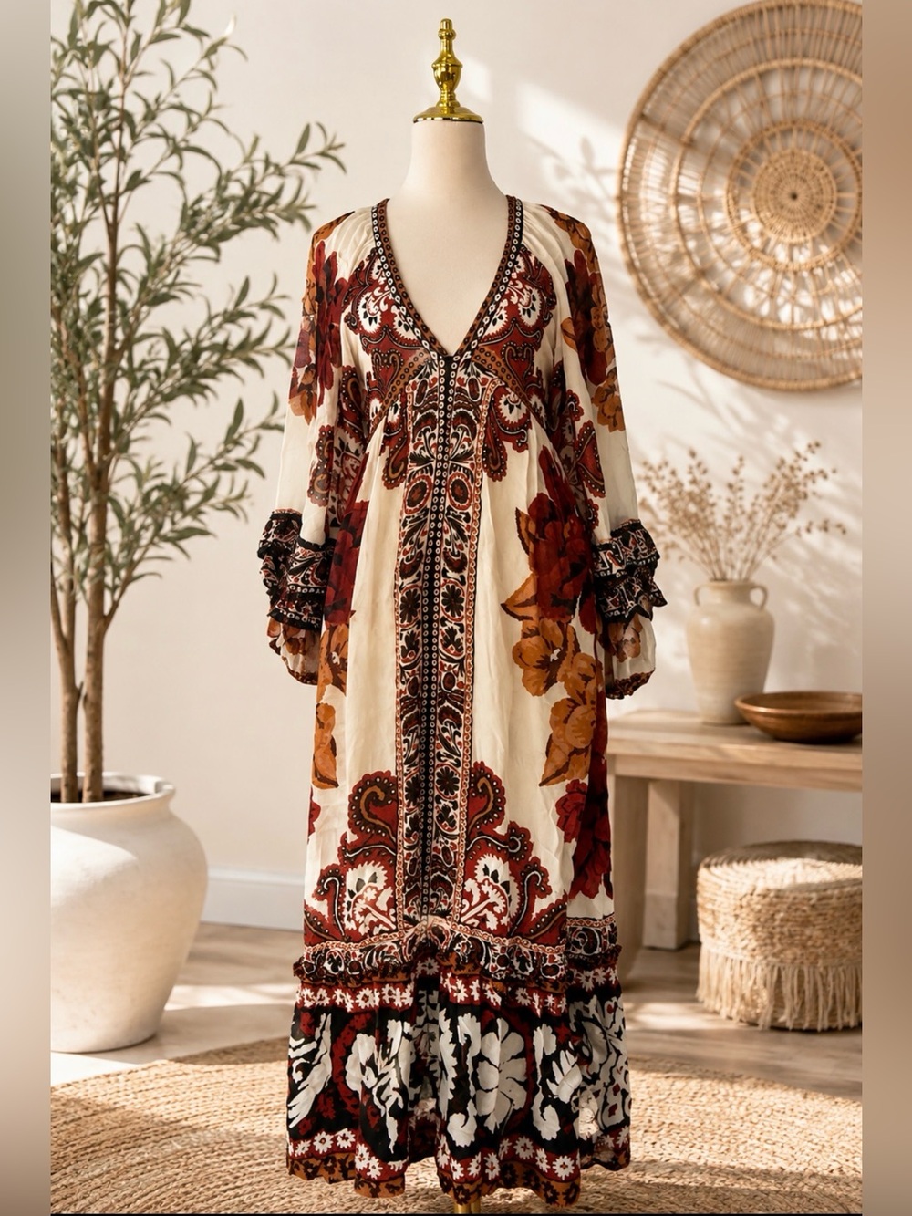 Boho Floral V-Neck Maxi Dress - Cream & Rust